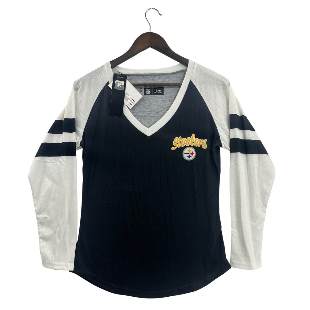 NFL Pittsburgh Steelers Womens Long Sleeve Raglan V Neck Shirt Team Apparel Sz M